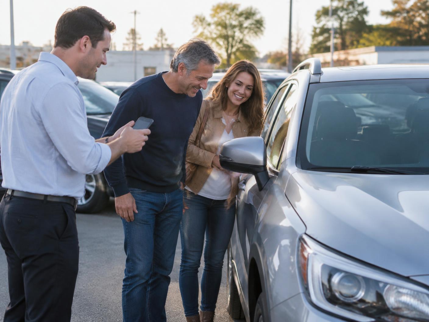 A dealer photographing and presenting a vehicle to two interested buyers